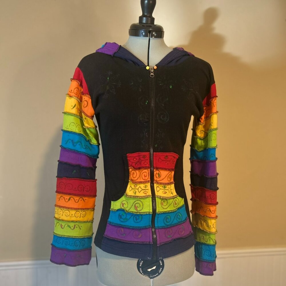 The Collection Royal Nepal Rainbow Patch Hand-Painted Sweatshirt | S (32" Bust)